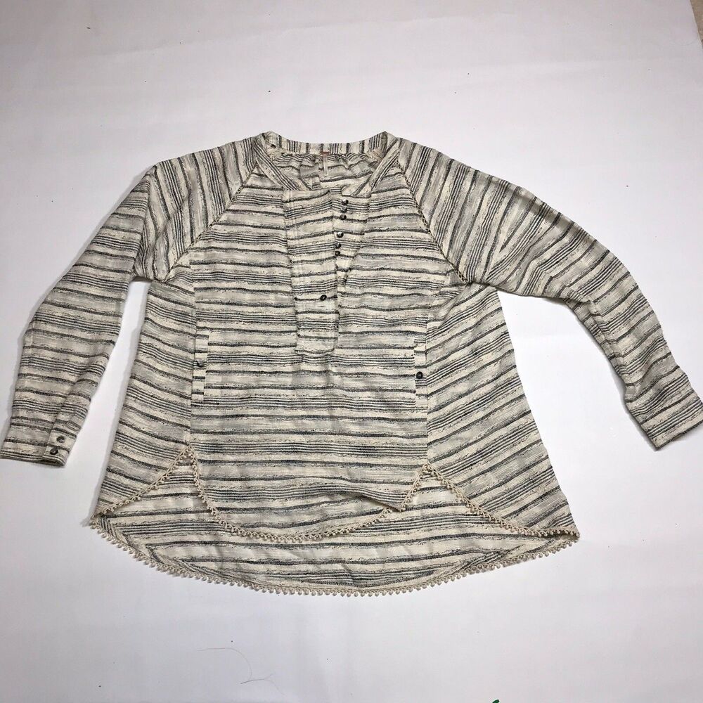 Free People Womens Small Top Jacket Tunic Boho Beige Striped Bohemian Coastal S